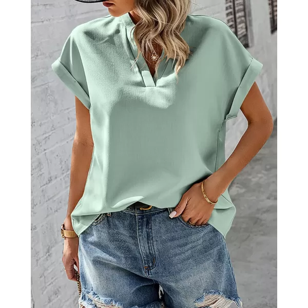 imageBTFBM Womens Summer Tops 2024 V Neck Short Sleeve Tshirt Loose Flowy Tunics Solid Color Dressy Casual Blouse ShirtsSolid Bean Green