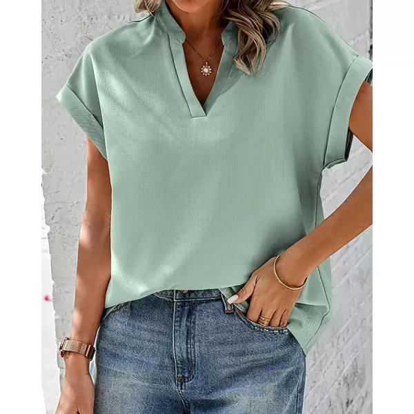 imageBTFBM Womens Summer Tops 2024 V Neck Short Sleeve Tshirt Loose Flowy Tunics Solid Color Dressy Casual Blouse ShirtsSolid Bean Green