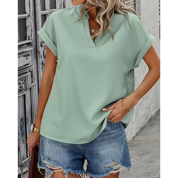 imageBTFBM Womens Summer Tops 2024 V Neck Short Sleeve Tshirt Loose Flowy Tunics Solid Color Dressy Casual Blouse ShirtsSolid Bean Green