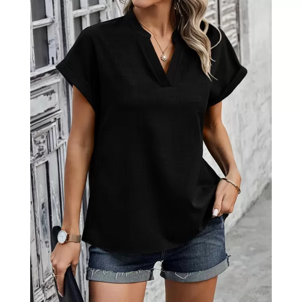 imageBTFBM Womens Summer Tops 2024 V Neck Short Sleeve Tshirt Loose Flowy Tunics Solid Color Dressy Casual Blouse ShirtsSolid Black