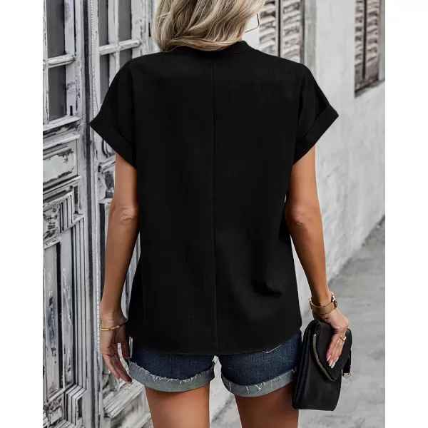 imageBTFBM Womens Summer Tops 2024 V Neck Short Sleeve Tshirt Loose Flowy Tunics Solid Color Dressy Casual Blouse ShirtsSolid Black