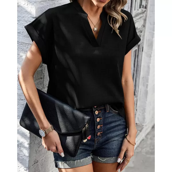 imageBTFBM Womens Summer Tops 2024 V Neck Short Sleeve Tshirt Loose Flowy Tunics Solid Color Dressy Casual Blouse ShirtsSolid Black
