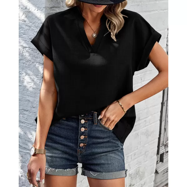 imageBTFBM Womens Summer Tops 2024 V Neck Short Sleeve Tshirt Loose Flowy Tunics Solid Color Dressy Casual Blouse ShirtsSolid Black