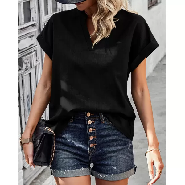 imageBTFBM Womens Summer Tops 2024 V Neck Short Sleeve Tshirt Loose Flowy Tunics Solid Color Dressy Casual Blouse ShirtsSolid Black