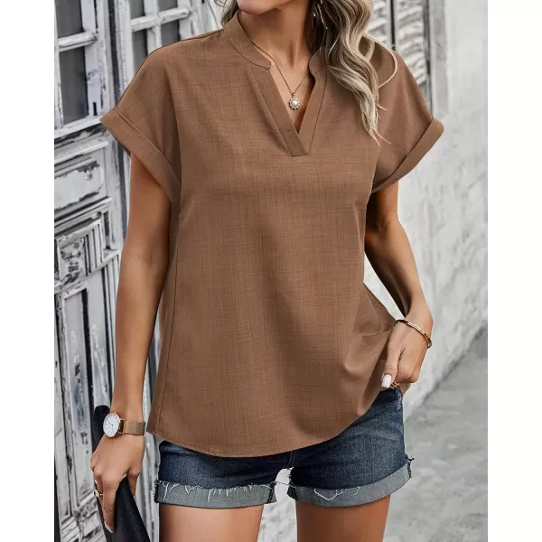 imageBTFBM Womens Summer Tops 2024 V Neck Short Sleeve Tshirt Loose Flowy Tunics Solid Color Dressy Casual Blouse ShirtsSolid Khaki