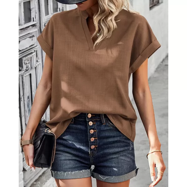 imageBTFBM Womens Summer Tops 2024 V Neck Short Sleeve Tshirt Loose Flowy Tunics Solid Color Dressy Casual Blouse ShirtsSolid Khaki