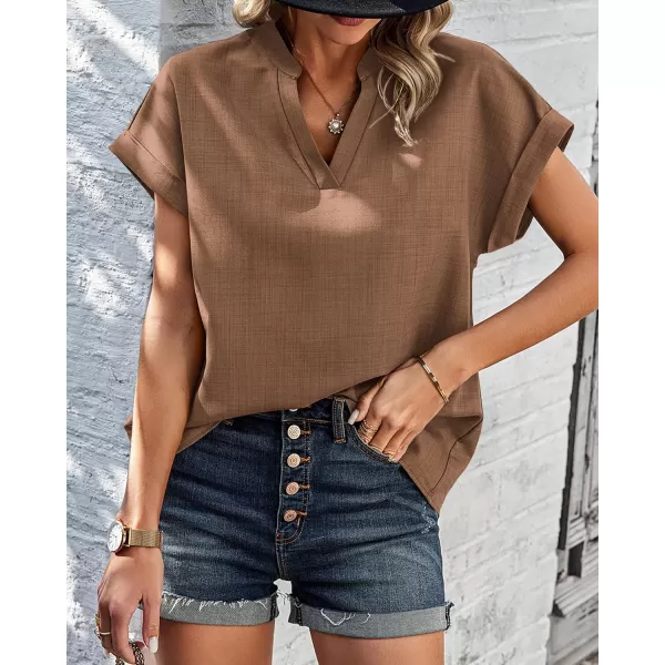 imageBTFBM Womens Summer Tops 2024 V Neck Short Sleeve Tshirt Loose Flowy Tunics Solid Color Dressy Casual Blouse ShirtsSolid Khaki