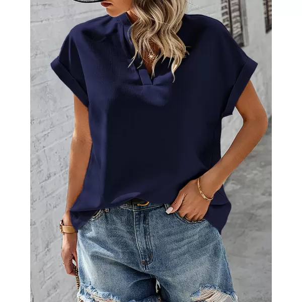 imageBTFBM Womens Summer Tops 2024 V Neck Short Sleeve Tshirt Loose Flowy Tunics Solid Color Dressy Casual Blouse ShirtsSolid Navy