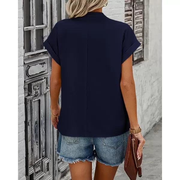 imageBTFBM Womens Summer Tops 2024 V Neck Short Sleeve Tshirt Loose Flowy Tunics Solid Color Dressy Casual Blouse ShirtsSolid Navy
