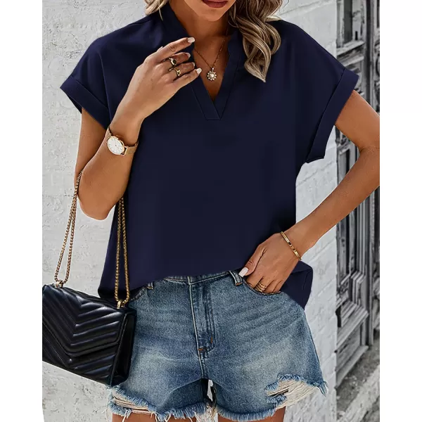 imageBTFBM Womens Summer Tops 2024 V Neck Short Sleeve Tshirt Loose Flowy Tunics Solid Color Dressy Casual Blouse ShirtsSolid Navy