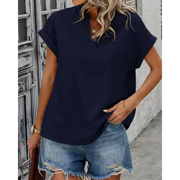 imageBTFBM Womens Summer Tops 2024 V Neck Short Sleeve Tshirt Loose Flowy Tunics Solid Color Dressy Casual Blouse ShirtsSolid Navy