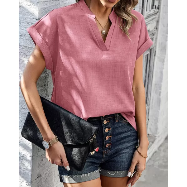 imageBTFBM Womens Summer Tops 2024 V Neck Short Sleeve Tshirt Loose Flowy Tunics Solid Color Dressy Casual Blouse ShirtsSolid Pink