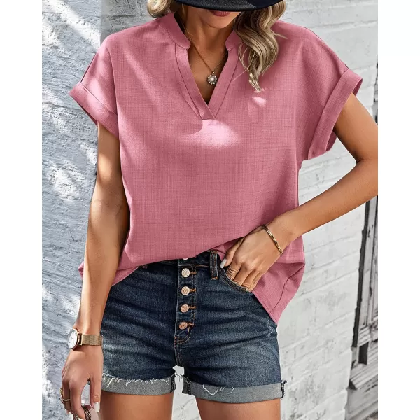 imageBTFBM Womens Summer Tops 2024 V Neck Short Sleeve Tshirt Loose Flowy Tunics Solid Color Dressy Casual Blouse ShirtsSolid Pink