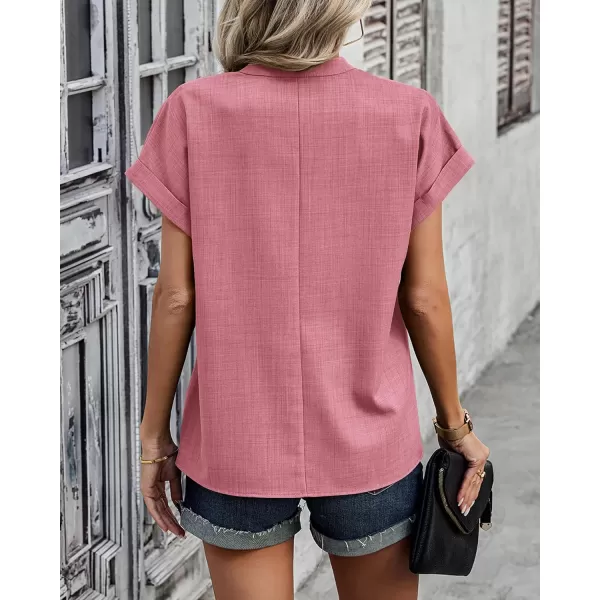 imageBTFBM Womens Summer Tops 2024 V Neck Short Sleeve Tshirt Loose Flowy Tunics Solid Color Dressy Casual Blouse ShirtsSolid Pink
