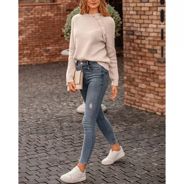 imageBTFBM Womens Sweaters Casual Long Sleeve Button Down Crew Neck Ruffle Knit Pullover Sweater Tops Solid Color StripedOblique Apricot