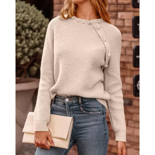 imageBTFBM Womens Sweaters Casual Long Sleeve Button Down Crew Neck Ruffle Knit Pullover Sweater Tops Solid Color StripedOblique Apricot