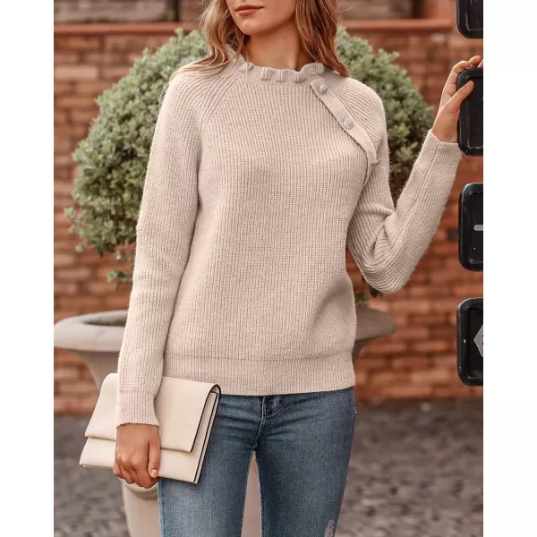 imageBTFBM Womens Sweaters Casual Long Sleeve Button Down Crew Neck Ruffle Knit Pullover Sweater Tops Solid Color StripedOblique Apricot
