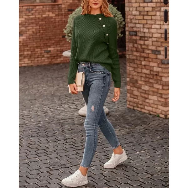 imageBTFBM Womens Sweaters Casual Long Sleeve Button Down Crew Neck Ruffle Knit Pullover Sweater Tops Solid Color StripedOblique Army Green