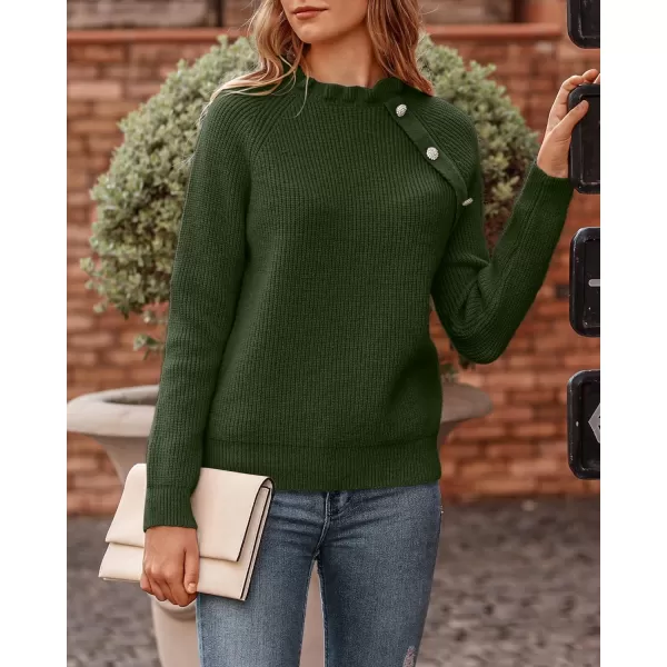 imageBTFBM Womens Sweaters Casual Long Sleeve Button Down Crew Neck Ruffle Knit Pullover Sweater Tops Solid Color StripedOblique Army Green