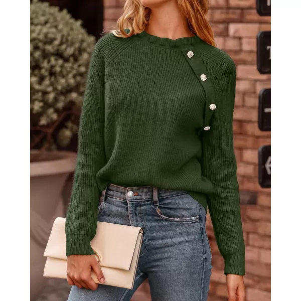 imageBTFBM Womens Sweaters Casual Long Sleeve Button Down Crew Neck Ruffle Knit Pullover Sweater Tops Solid Color StripedOblique Army Green
