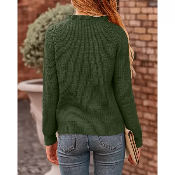 imageBTFBM Womens Sweaters Casual Long Sleeve Button Down Crew Neck Ruffle Knit Pullover Sweater Tops Solid Color StripedOblique Army Green