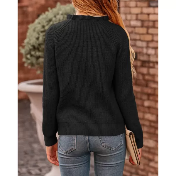 imageBTFBM Womens Sweaters Casual Long Sleeve Button Down Crew Neck Ruffle Knit Pullover Sweater Tops Solid Color StripedOblique Black