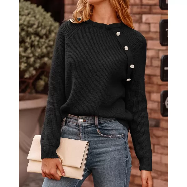 imageBTFBM Womens Sweaters Casual Long Sleeve Button Down Crew Neck Ruffle Knit Pullover Sweater Tops Solid Color StripedOblique Black