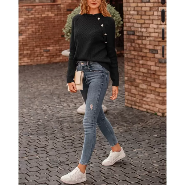 imageBTFBM Womens Sweaters Casual Long Sleeve Button Down Crew Neck Ruffle Knit Pullover Sweater Tops Solid Color StripedOblique Black