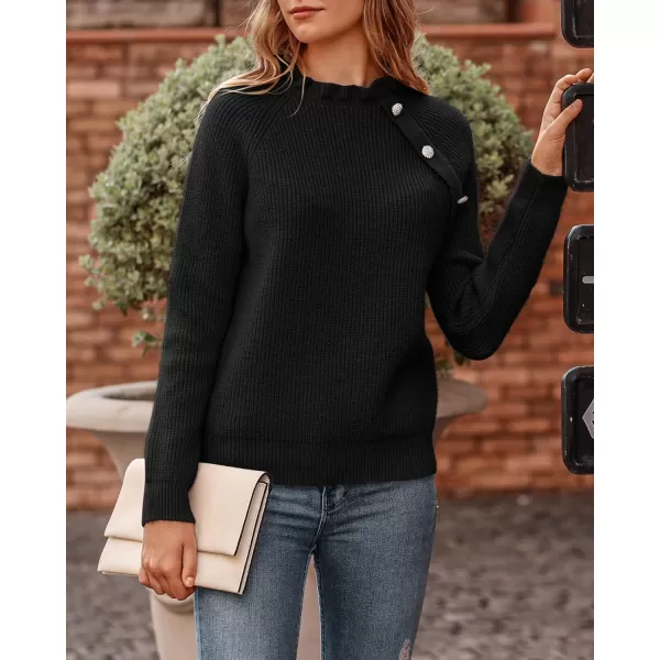 imageBTFBM Womens Sweaters Casual Long Sleeve Button Down Crew Neck Ruffle Knit Pullover Sweater Tops Solid Color StripedOblique Black