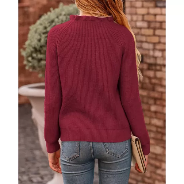 imageBTFBM Womens Sweaters Casual Long Sleeve Button Down Crew Neck Ruffle Knit Pullover Sweater Tops Solid Color StripedOblique Jujube Red