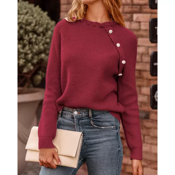 imageBTFBM Womens Sweaters Casual Long Sleeve Button Down Crew Neck Ruffle Knit Pullover Sweater Tops Solid Color StripedOblique Jujube Red