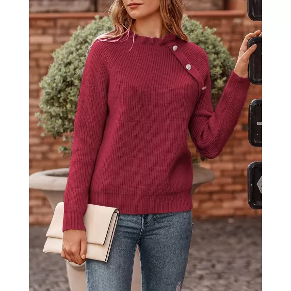 imageBTFBM Womens Sweaters Casual Long Sleeve Button Down Crew Neck Ruffle Knit Pullover Sweater Tops Solid Color StripedOblique Jujube Red