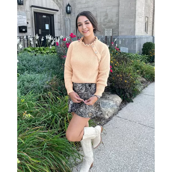 imageBTFBM Womens Sweaters Casual Long Sleeve Button Down Crew Neck Ruffle Knit Pullover Sweater Tops Solid Color StripedOblique Khaki