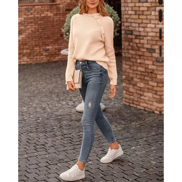 imageBTFBM Womens Sweaters Casual Long Sleeve Button Down Crew Neck Ruffle Knit Pullover Sweater Tops Solid Color StripedOblique Khaki