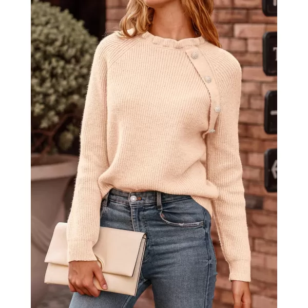 imageBTFBM Womens Sweaters Casual Long Sleeve Button Down Crew Neck Ruffle Knit Pullover Sweater Tops Solid Color StripedOblique Khaki