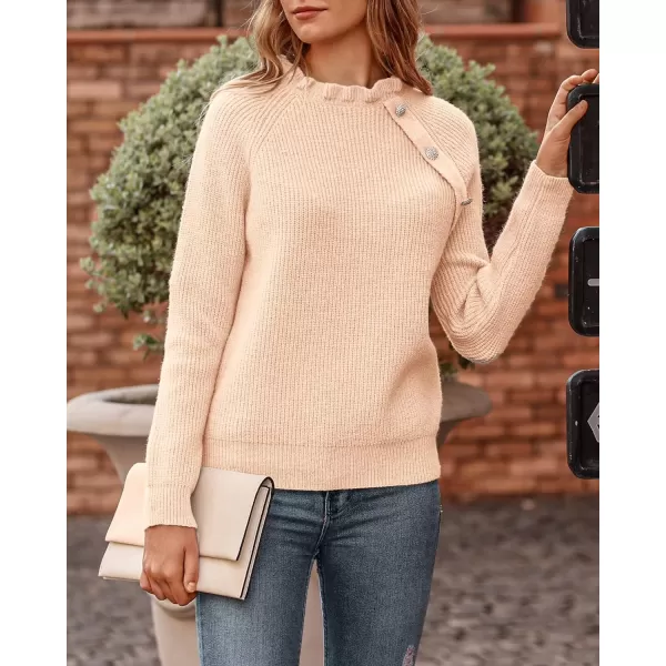 imageBTFBM Womens Sweaters Casual Long Sleeve Button Down Crew Neck Ruffle Knit Pullover Sweater Tops Solid Color StripedOblique Khaki