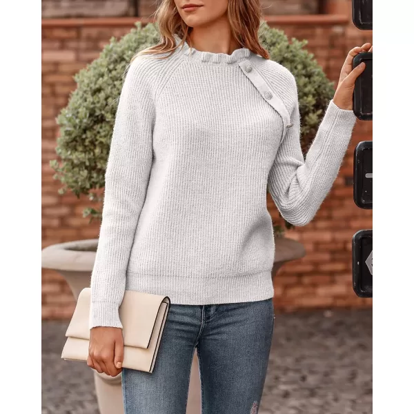 imageBTFBM Womens Sweaters Casual Long Sleeve Button Down Crew Neck Ruffle Knit Pullover Sweater Tops Solid Color StripedOblique White