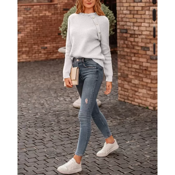 imageBTFBM Womens Sweaters Casual Long Sleeve Button Down Crew Neck Ruffle Knit Pullover Sweater Tops Solid Color StripedOblique White