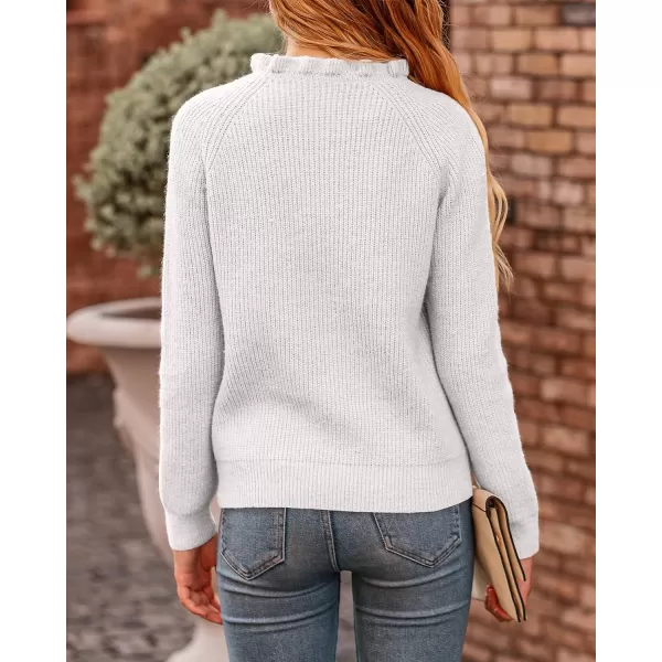 imageBTFBM Womens Sweaters Casual Long Sleeve Button Down Crew Neck Ruffle Knit Pullover Sweater Tops Solid Color StripedOblique White