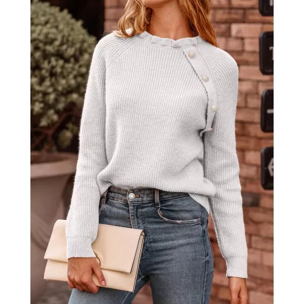 imageBTFBM Womens Sweaters Casual Long Sleeve Button Down Crew Neck Ruffle Knit Pullover Sweater Tops Solid Color StripedOblique White