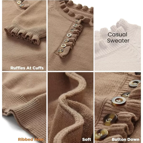 imageBTFBM Womens Sweaters Casual Long Sleeve Button Down Crew Neck Ruffle Knit Pullover Sweater Tops Solid Color StripedSolid Apricot
