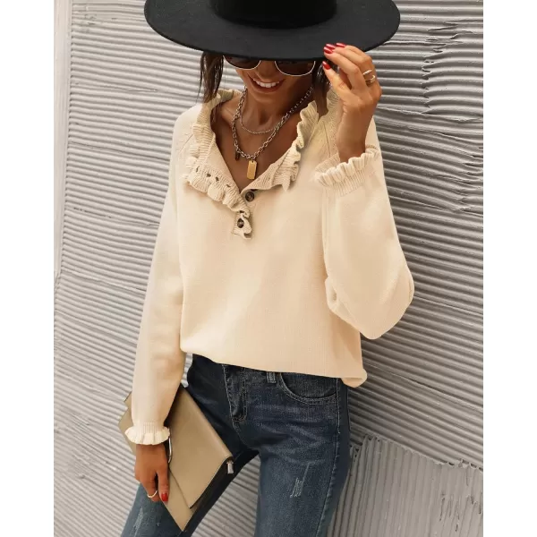 imageBTFBM Womens Sweaters Casual Long Sleeve Button Down Crew Neck Ruffle Knit Pullover Sweater Tops Solid Color StripedSolid Apricot