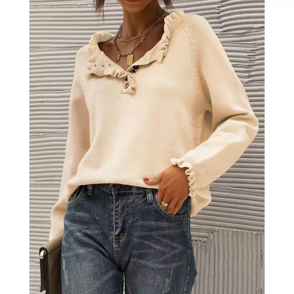 imageBTFBM Womens Sweaters Casual Long Sleeve Button Down Crew Neck Ruffle Knit Pullover Sweater Tops Solid Color StripedSolid Apricot