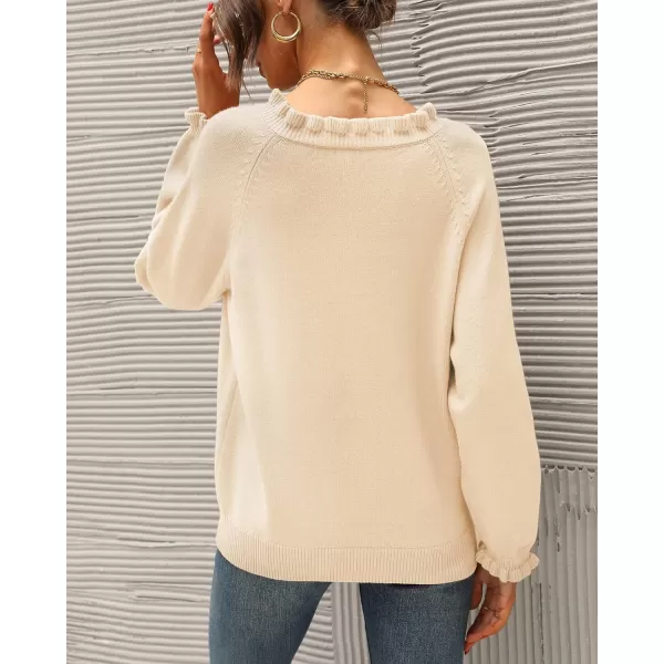 imageBTFBM Womens Sweaters Casual Long Sleeve Button Down Crew Neck Ruffle Knit Pullover Sweater Tops Solid Color StripedSolid Apricot