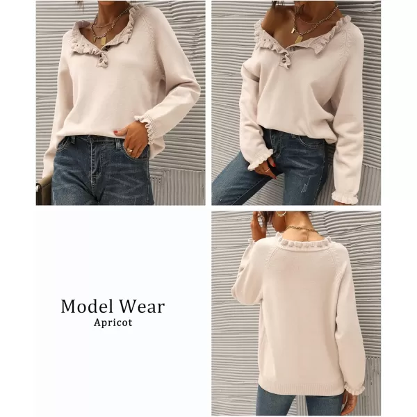 imageBTFBM Womens Sweaters Casual Long Sleeve Button Down Crew Neck Ruffle Knit Pullover Sweater Tops Solid Color StripedSolid Beige