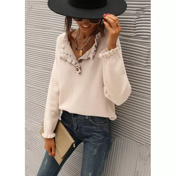 imageBTFBM Womens Sweaters Casual Long Sleeve Button Down Crew Neck Ruffle Knit Pullover Sweater Tops Solid Color StripedSolid Beige