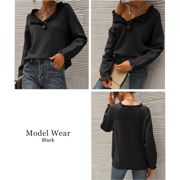 imageBTFBM Womens Sweaters Casual Long Sleeve Button Down Crew Neck Ruffle Knit Pullover Sweater Tops Solid Color StripedSolid Black