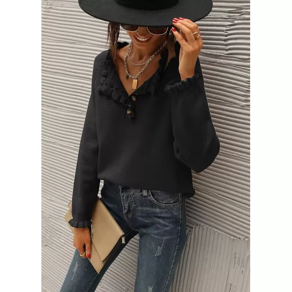 imageBTFBM Womens Sweaters Casual Long Sleeve Button Down Crew Neck Ruffle Knit Pullover Sweater Tops Solid Color StripedSolid Black