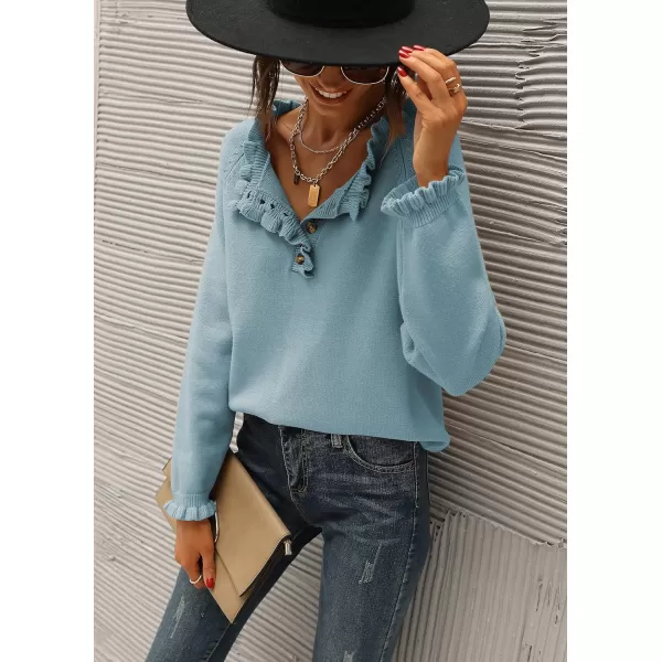 imageBTFBM Womens Sweaters Casual Long Sleeve Button Down Crew Neck Ruffle Knit Pullover Sweater Tops Solid Color StripedSolid Blue