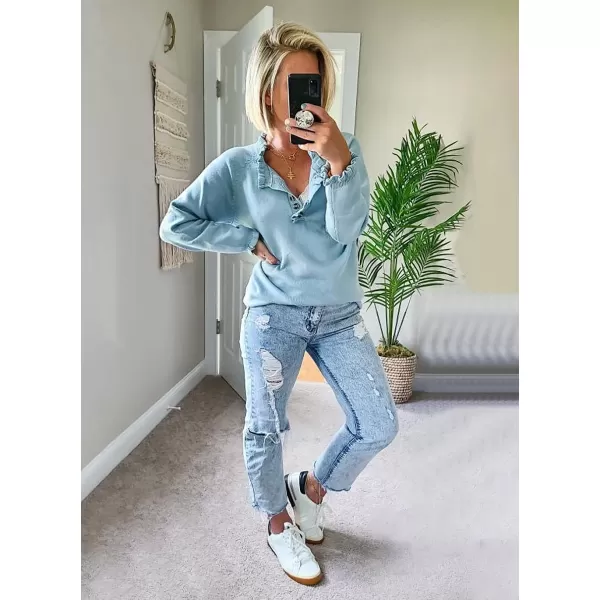 imageBTFBM Womens Sweaters Casual Long Sleeve Button Down Crew Neck Ruffle Knit Pullover Sweater Tops Solid Color StripedSolid Blue